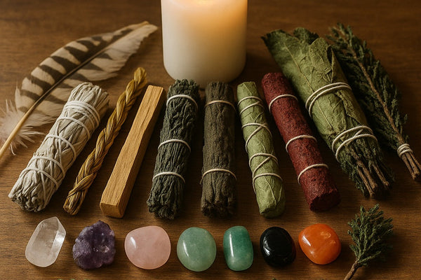 An assortment of smudge sticks and crystals arranged on a wooden altar with a lit candle, symbolizing a peaceful smudging ritual.