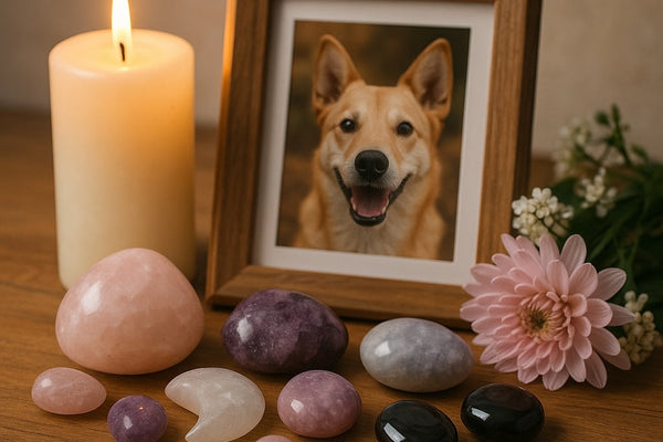 Candle-lit memorial altar with healing crystals and a pet photo symbolizing comfort and love after loss.