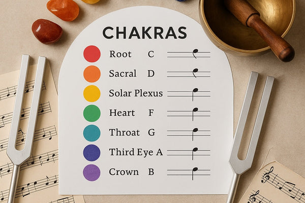 Chakra altar with crystals, tuning forks, and musical notes arranged in a spiral.