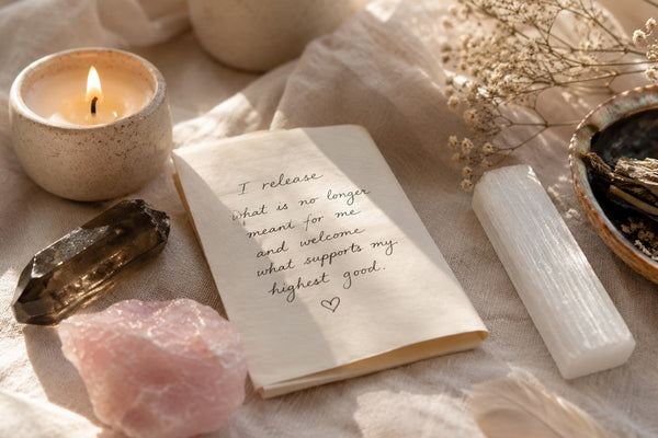 Crystals, candle, and handwritten release note arranged for a gentle letting go ritual.