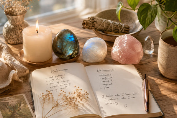 Crystals, candle, and journal arranged for a personal transformation ritual.