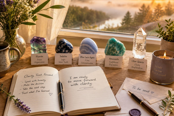 Fluorite, Sodalite, Blue Lace Agate, Amazonite, and Clear Quartz beside a journal in soft morning light.