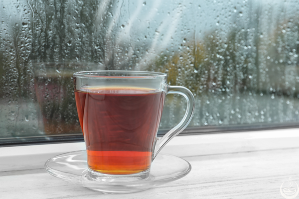 Glass cup of tea on a windowsill with rain on the glass