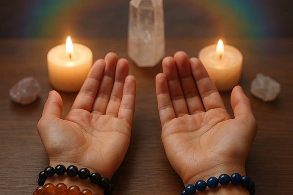 Guide showing left and right hands with crystal bracelets symbolizing energy flow and spiritual intention.
