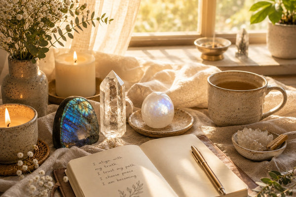 Spiritual alignment altar with crystals, journal, candles, and calming natural sunlight