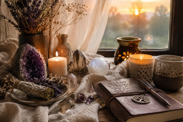 Spiritual altar with grounding crystals, candles, and journal during a peaceful morning ritual