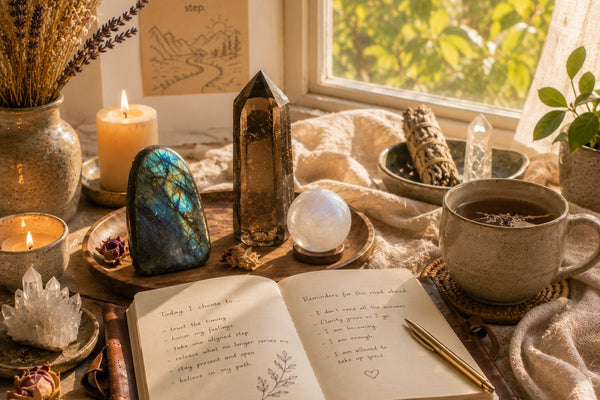 Spiritual growth altar with grounding crystals, journal, candles, and soft natural sunlight