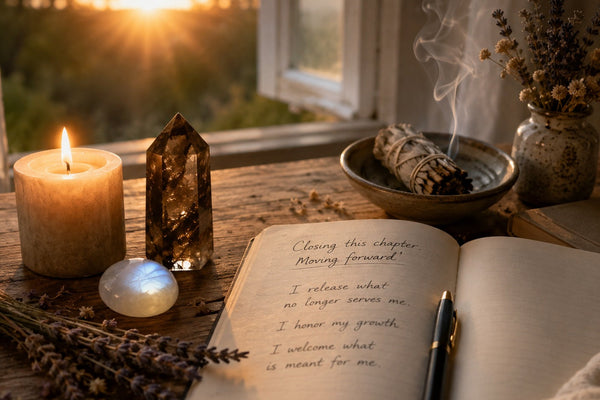 Spiritual ritual setup with crystals, candle, and journal for emotional healing and new beginnings.