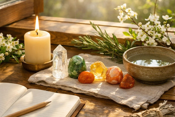 Spring equinox ritual altar with crystals, candle, water bowl, and fresh greenery in morning light.