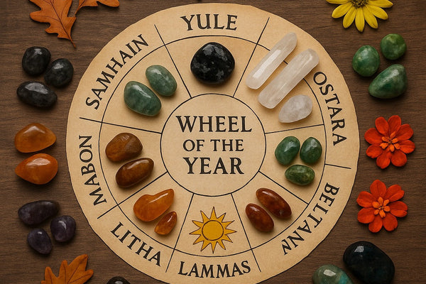 Wheel of the Year crystal altar with seasonal symbols and stones