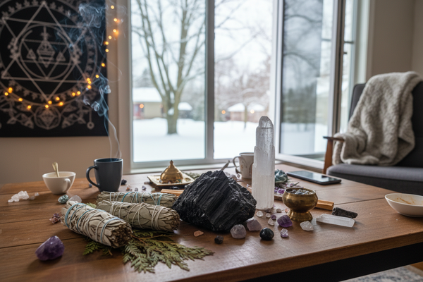 Crystal and smudge bundle set on a wooden altar table