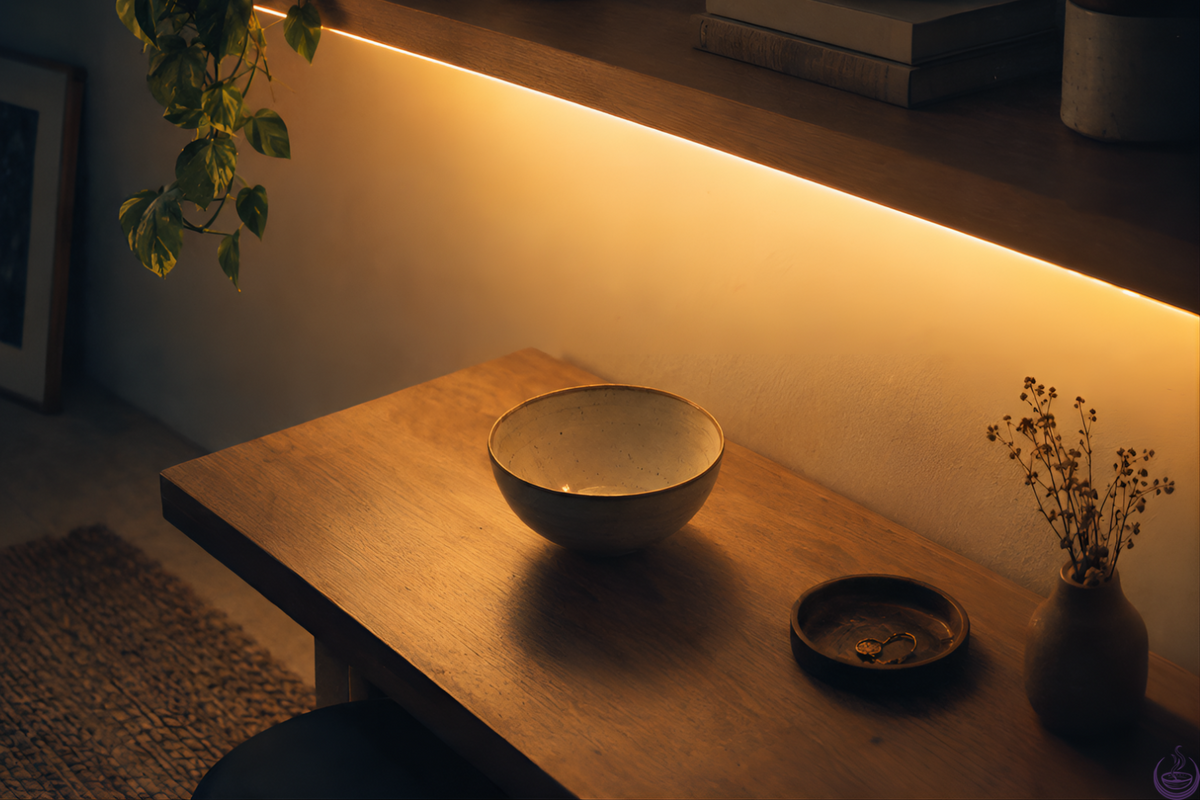 A wooden table and shelf lit by a warm strip of light, with a ceramic bowl and dried flowers