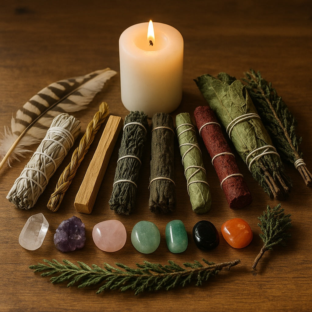 An assortment of smudge sticks and crystals arranged on a wooden altar with a lit candle, symbolizing a peaceful smudging ritual.