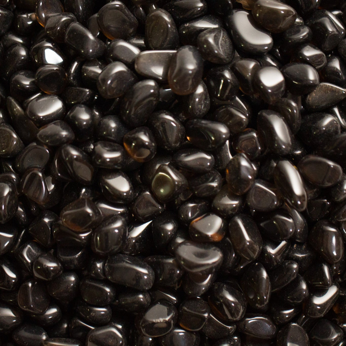 Small, smooth, translucent black Apache Tears stones with a glassy surface, some catching light at the edges.