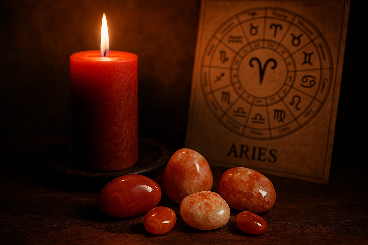 Aries season altar with red crystals, candle, and zodiac wheel