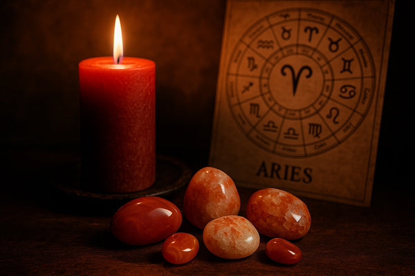 Aries season altar with red crystals, candle, and zodiac wheel