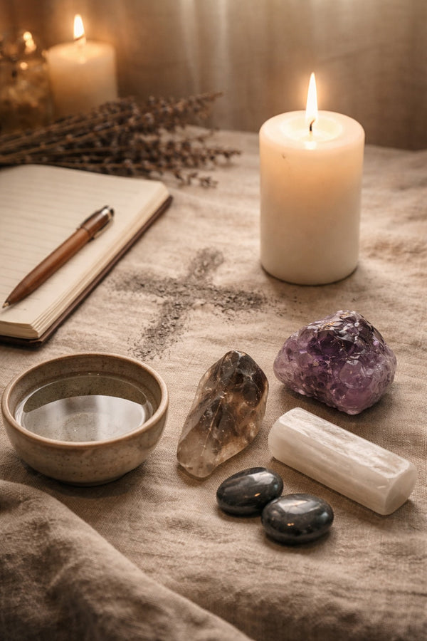 Ash Wednesday reflection altar with candle, water bowl, journal, and grounding crystals arranged for Lenten ritual.