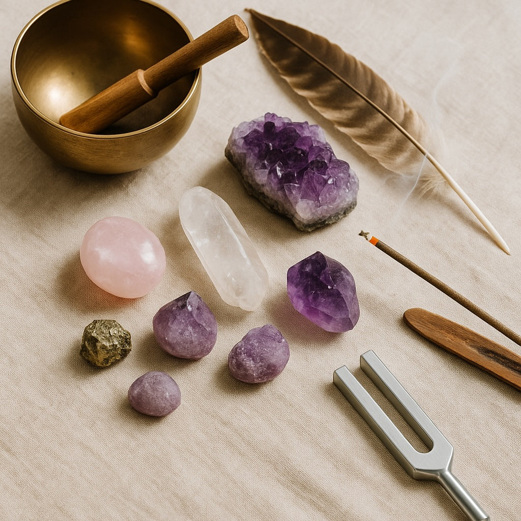 Assorted crystals beside a feather, sunlight, and a tuning fork on natural fabric