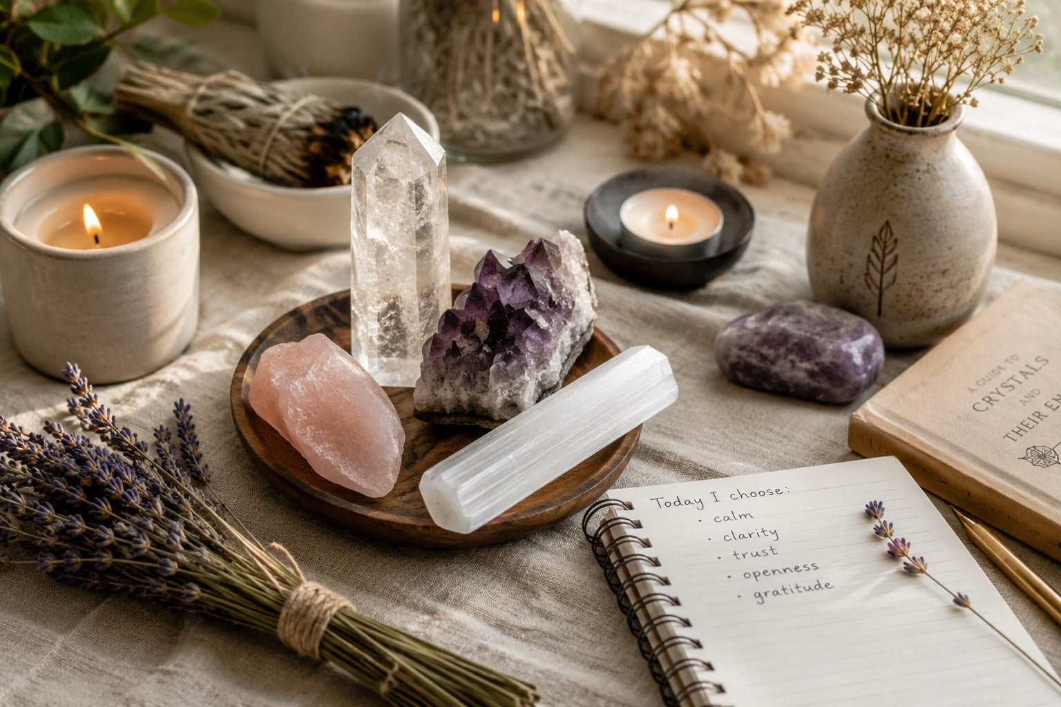 Beginner crystal selection with grounding and intuitive stones arranged in a calm spiritual setting