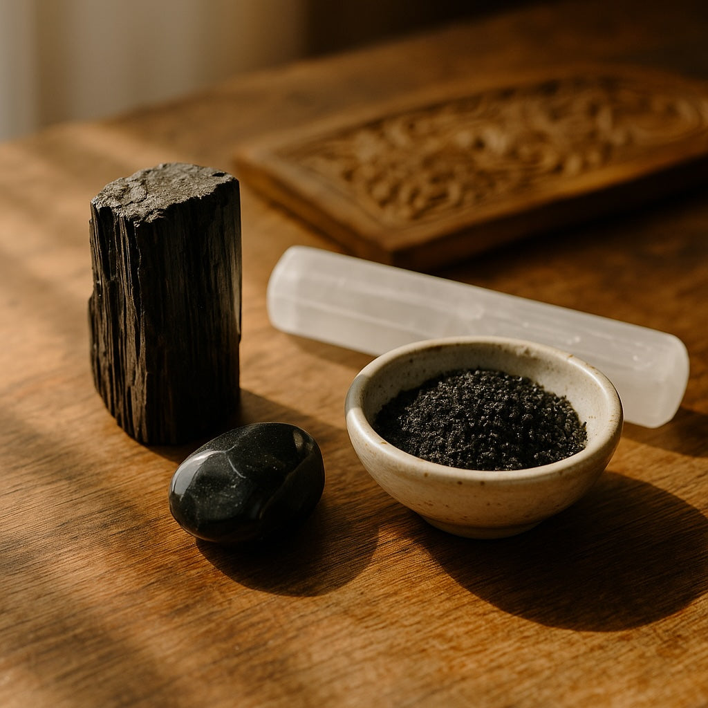 Black Tourmaline and Obsidian crystals arranged on a ritual altar