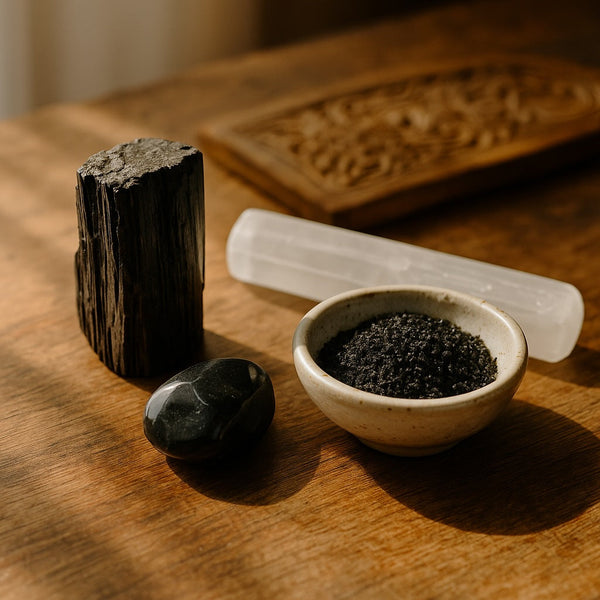 Black Tourmaline and Obsidian crystals arranged on a ritual altar