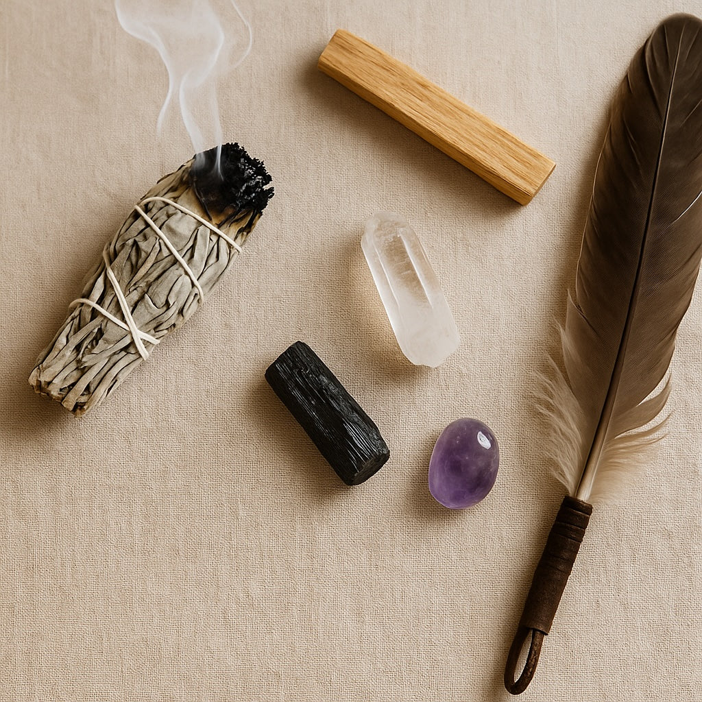 Bundle of sage and palo santo stick beside crystals on altar