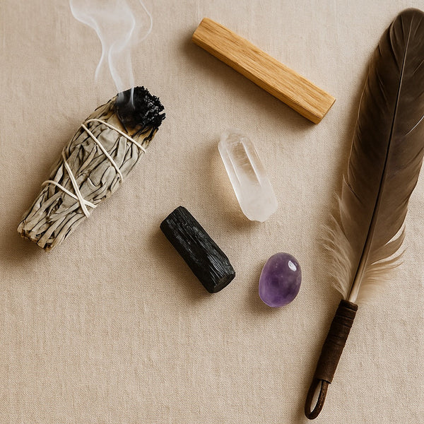 Bundle of sage and palo santo stick beside crystals on altar