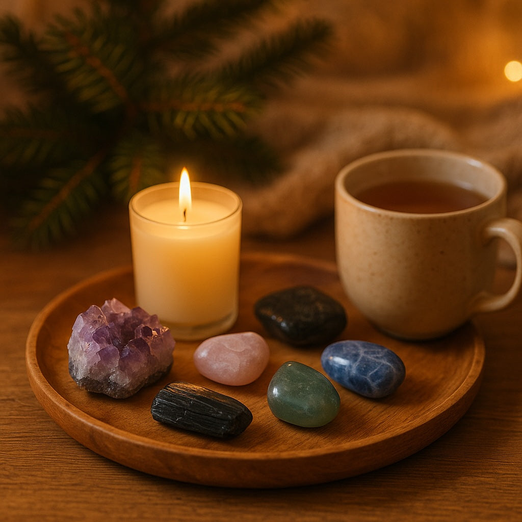 Calming holiday crystals arranged with a candle and warm drink, creating a peaceful, grounded atmosphere