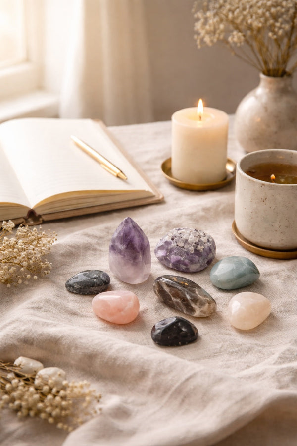 Calming ritual scene with crystals, candle, and journal in soft natural light