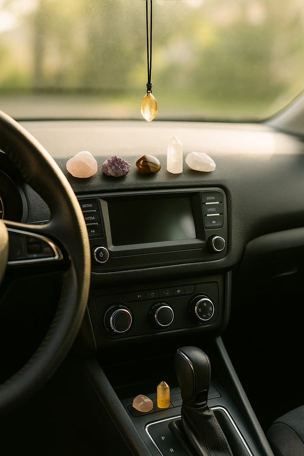 Car interior with crystals on dashboard and rearview mirror for spiritual travel protection