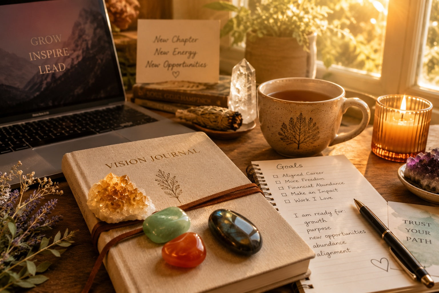 Career expansion crystals arranged beside journaling and workspace tools in warm morning light