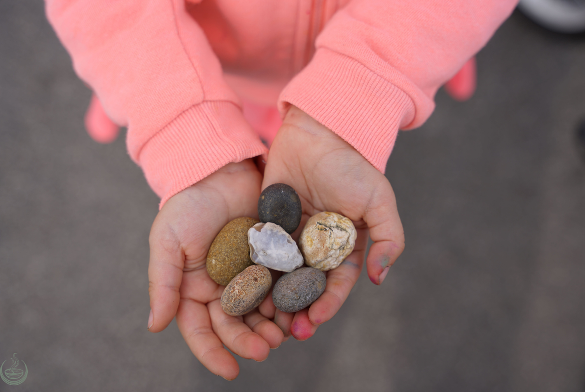 Child’s hands holding a handful of small smooth stones