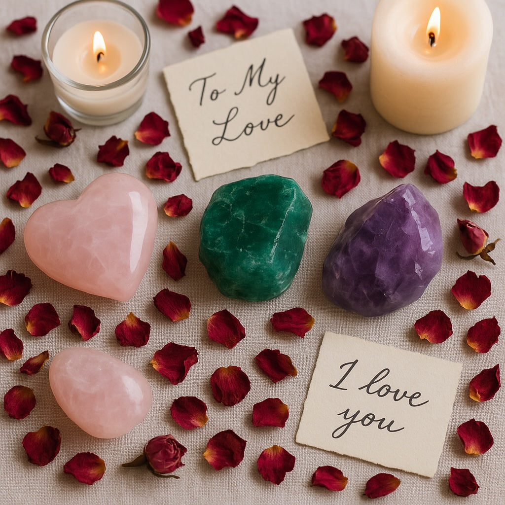 Collection of anniversary crystals arranged with flowers and candles