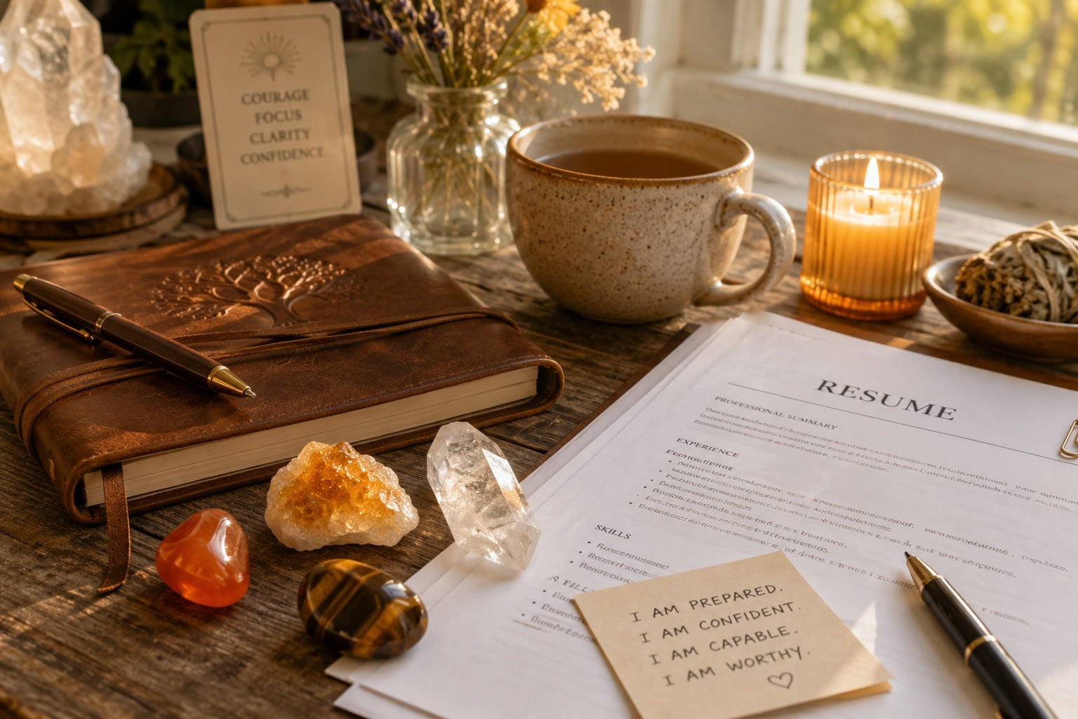 Confidence crystals arranged beside interview preparation materials in a calm workspace
