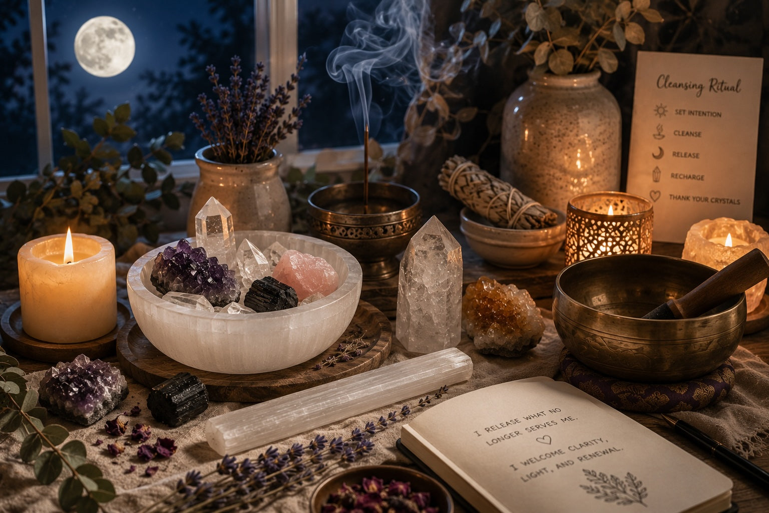 Crystal cleansing ritual with Selenite, incense, candles, and spiritual tools arranged in calming moonlight