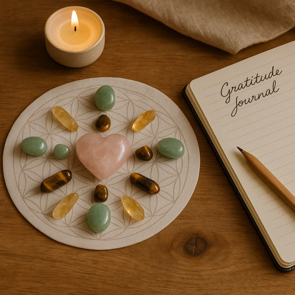 Crystal grid with rose quartz and aventurine arranged for a gratitude ritual.