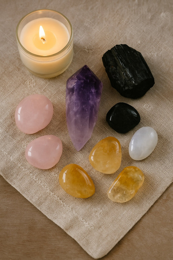 Crystals arranged on a linen altar cloth with a lit candle, including rose quartz, amethyst, black tourmaline, citrine, and clear quartz