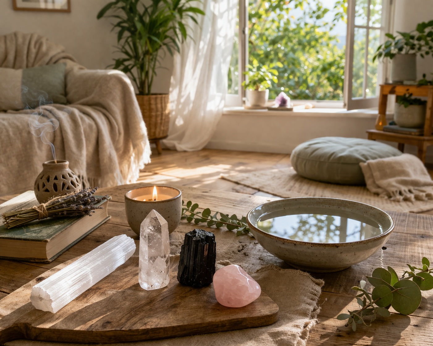 Crystals and a candle arranged on a table in a calm, freshly cleared living space