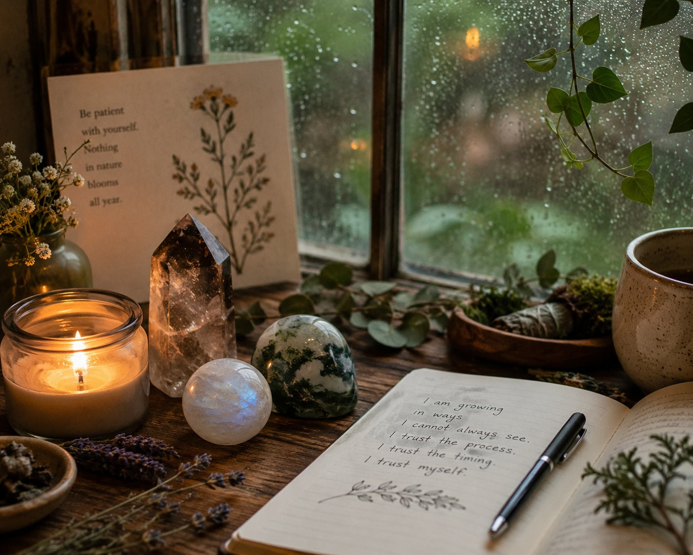 Crystals and candlelight beside a journal representing subtle spiritual growth and healing
