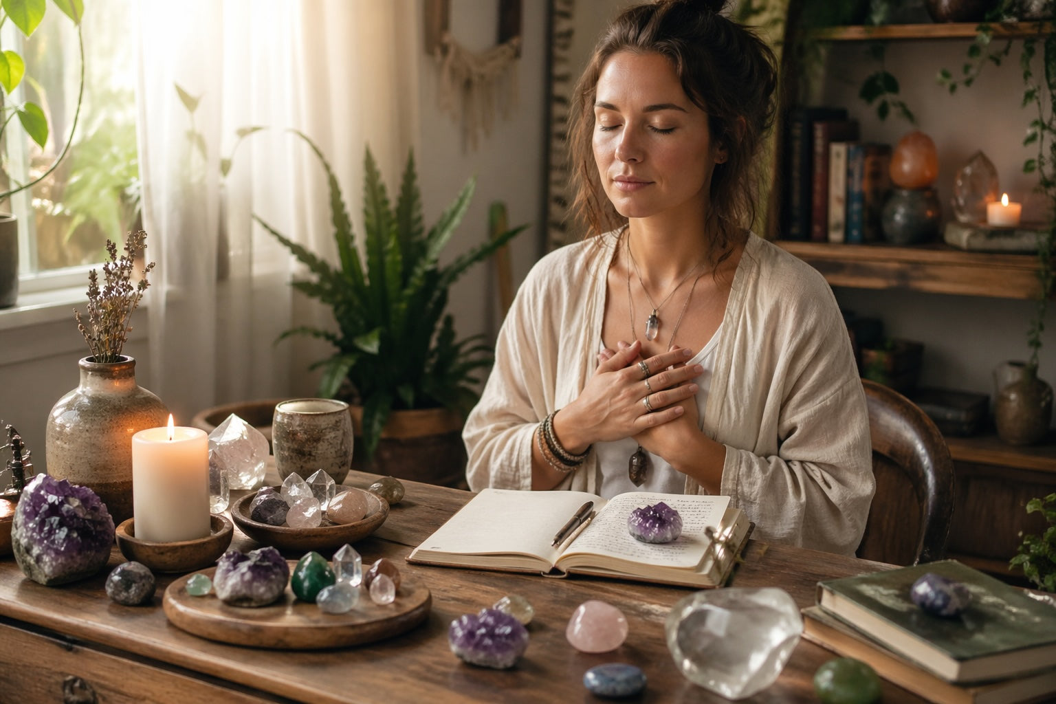 Crystals and journal arranged in a calm space for intuitive meditation