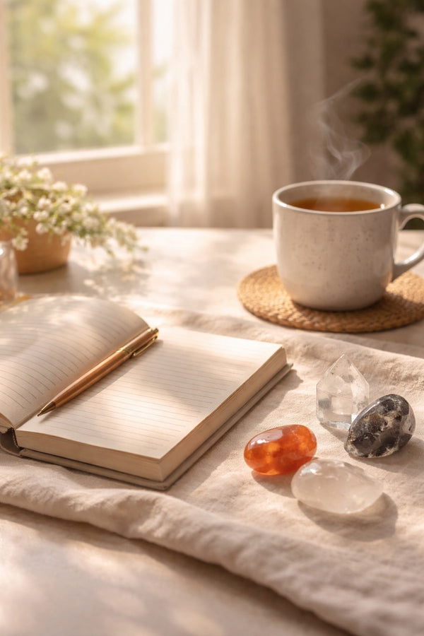 Crystals and journal in soft morning light representing gentle new beginnings