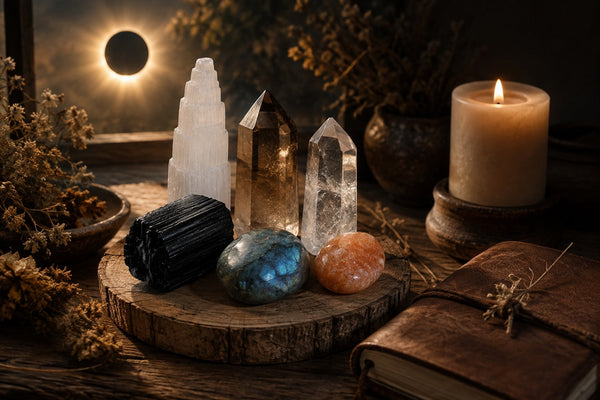Crystals arranged on a ritual altar in warm light and shadow inspired by a solar eclipse.