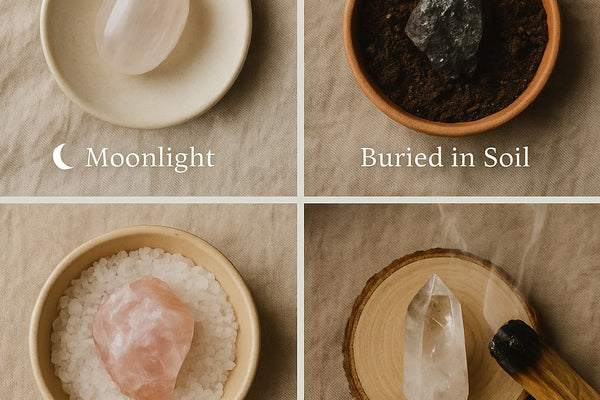 Crystals being energetically reset through moonlight, earth, salt, and smoke rituals