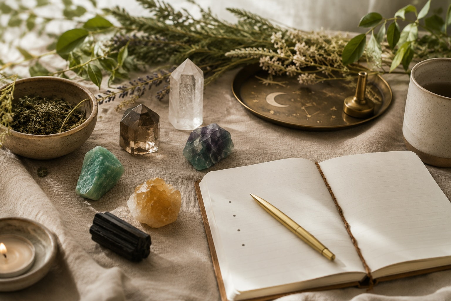 Crystals beside an open journal and priority list in a calm late-summer reflection setting.