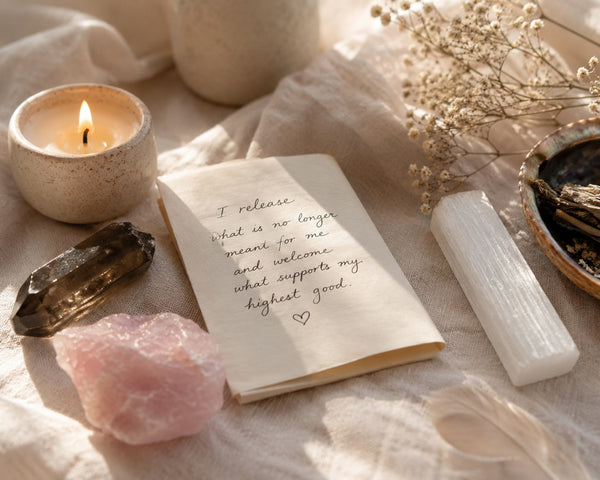 Crystals, candle, and handwritten release note arranged for a gentle letting go ritual.