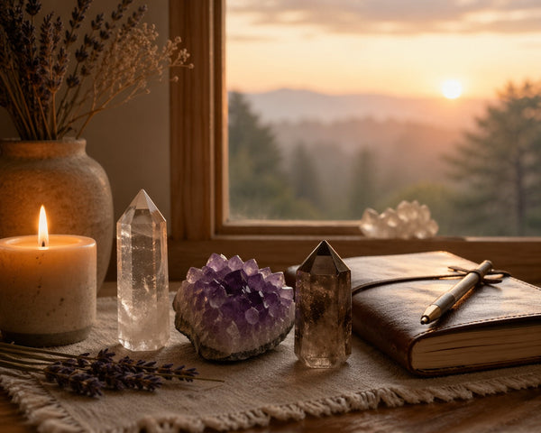 Crystals, candle, and journal arranged in a quiet ritual space for clarity and reflection