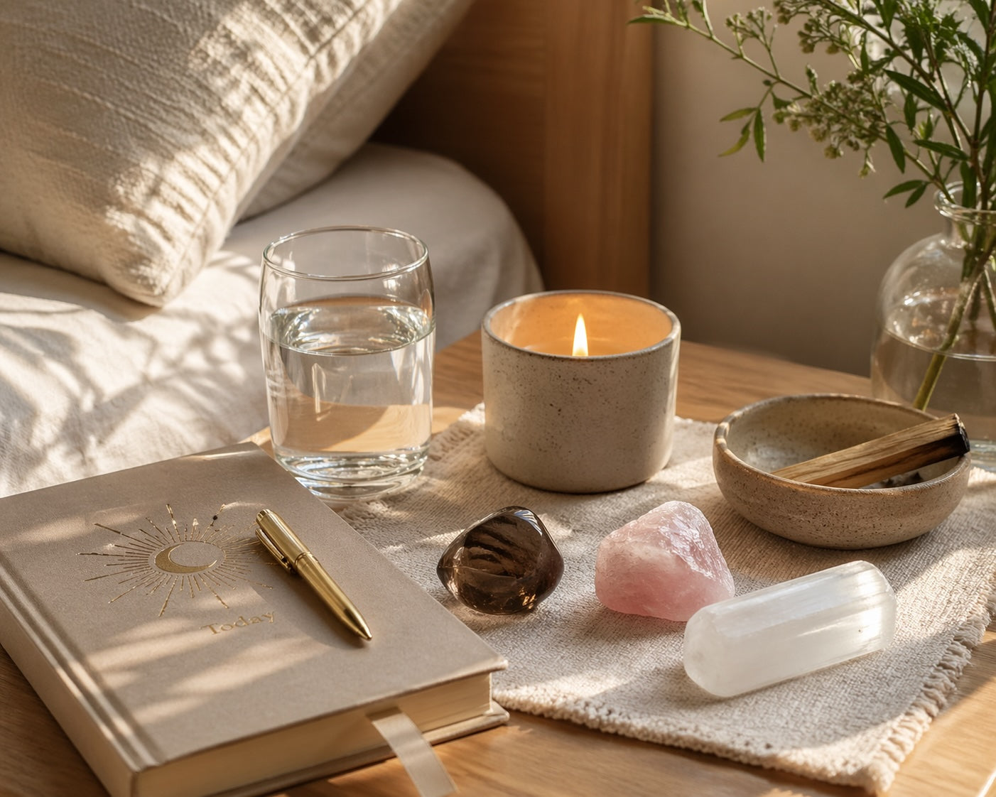 Crystals, candle, and journal arranged on a bedside table for a simple grounding ritual