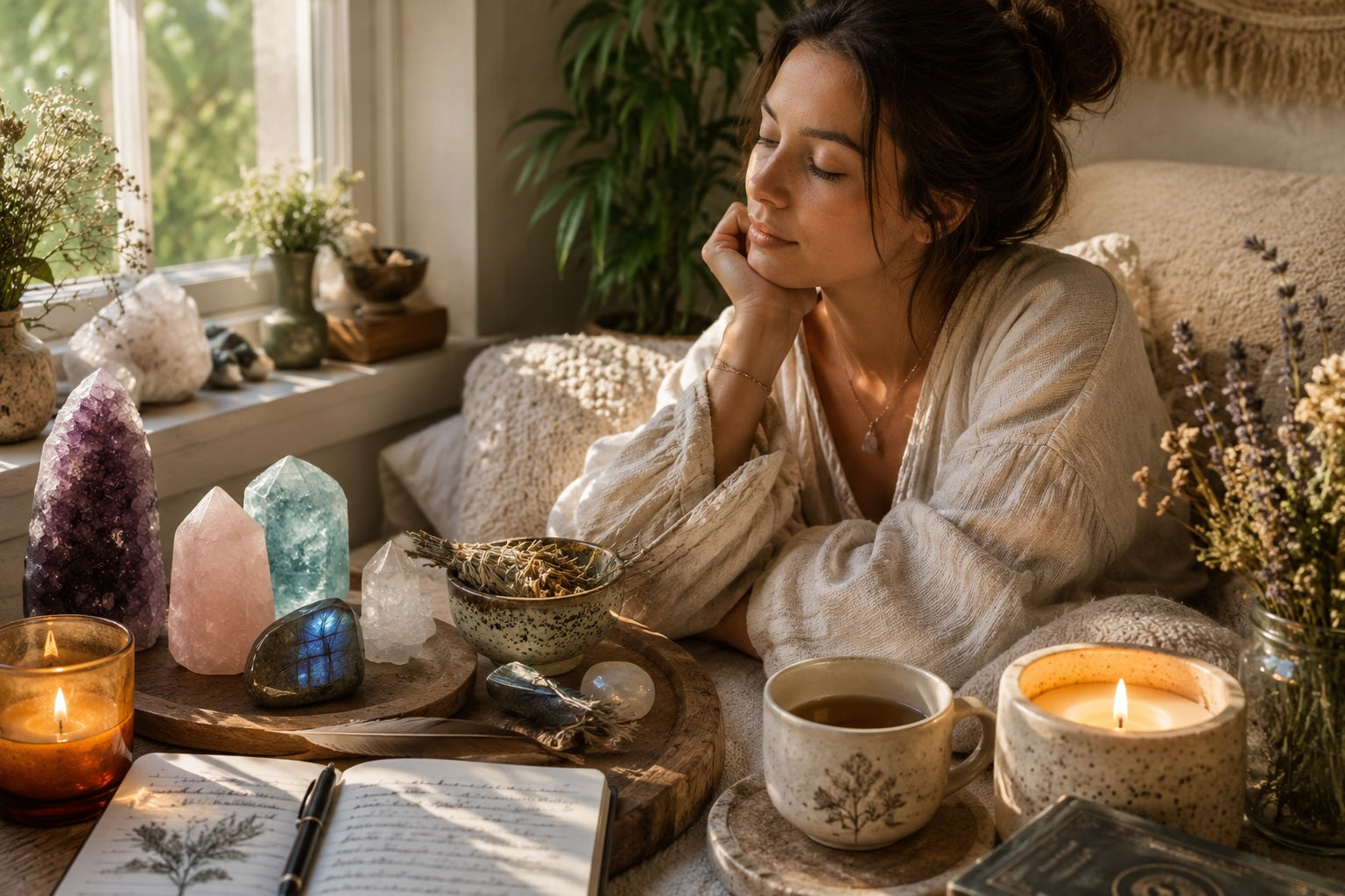 Crystals, candles, and calming self-care objects arranged in a peaceful energy recharging ritual space.