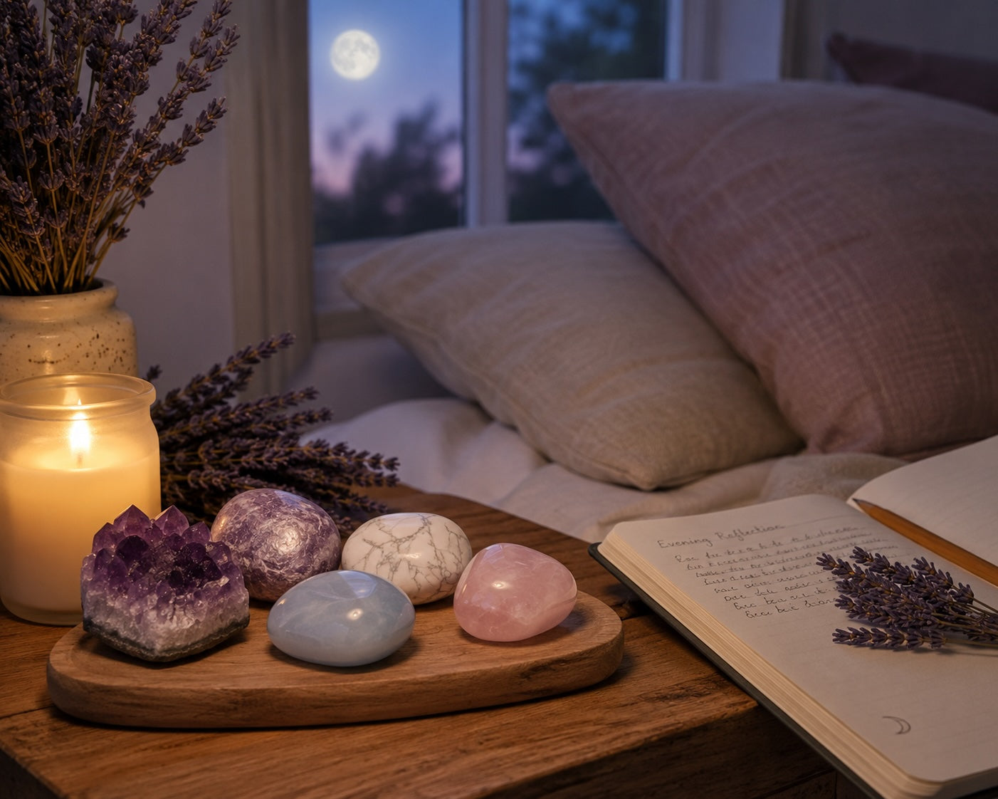 Five calming crystals arranged on a bedside table beside soft linens and candlelight for a peaceful nighttime ritual.