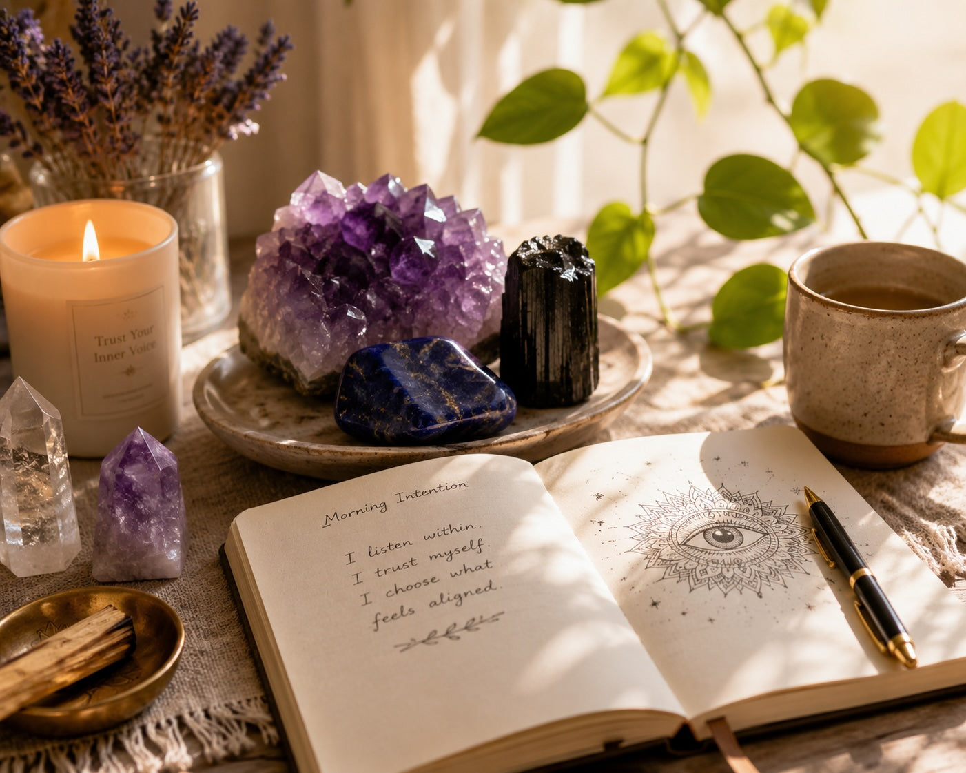 Crystals, journal, and candle arranged for an inner voice meditation ritual.